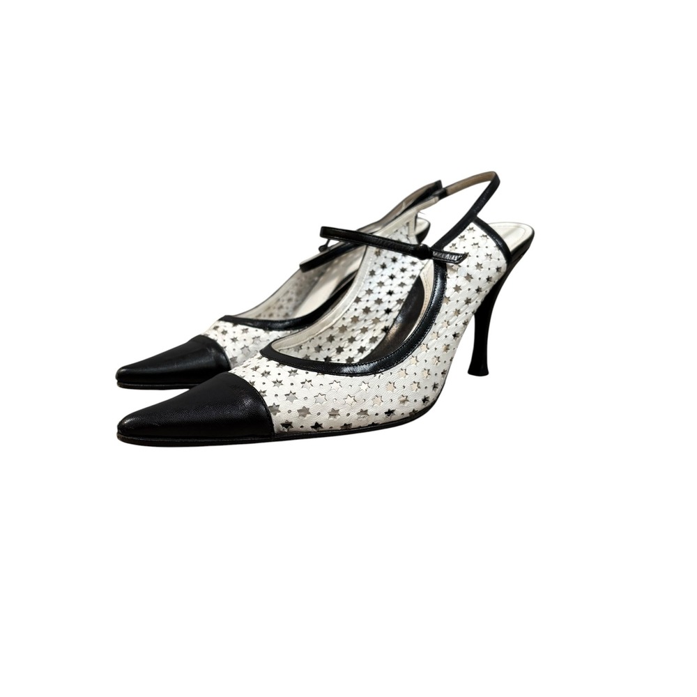 Vintage Y2K Via Spiga Leather Pointed Toe Slingback Heels 10 Spectator Stars